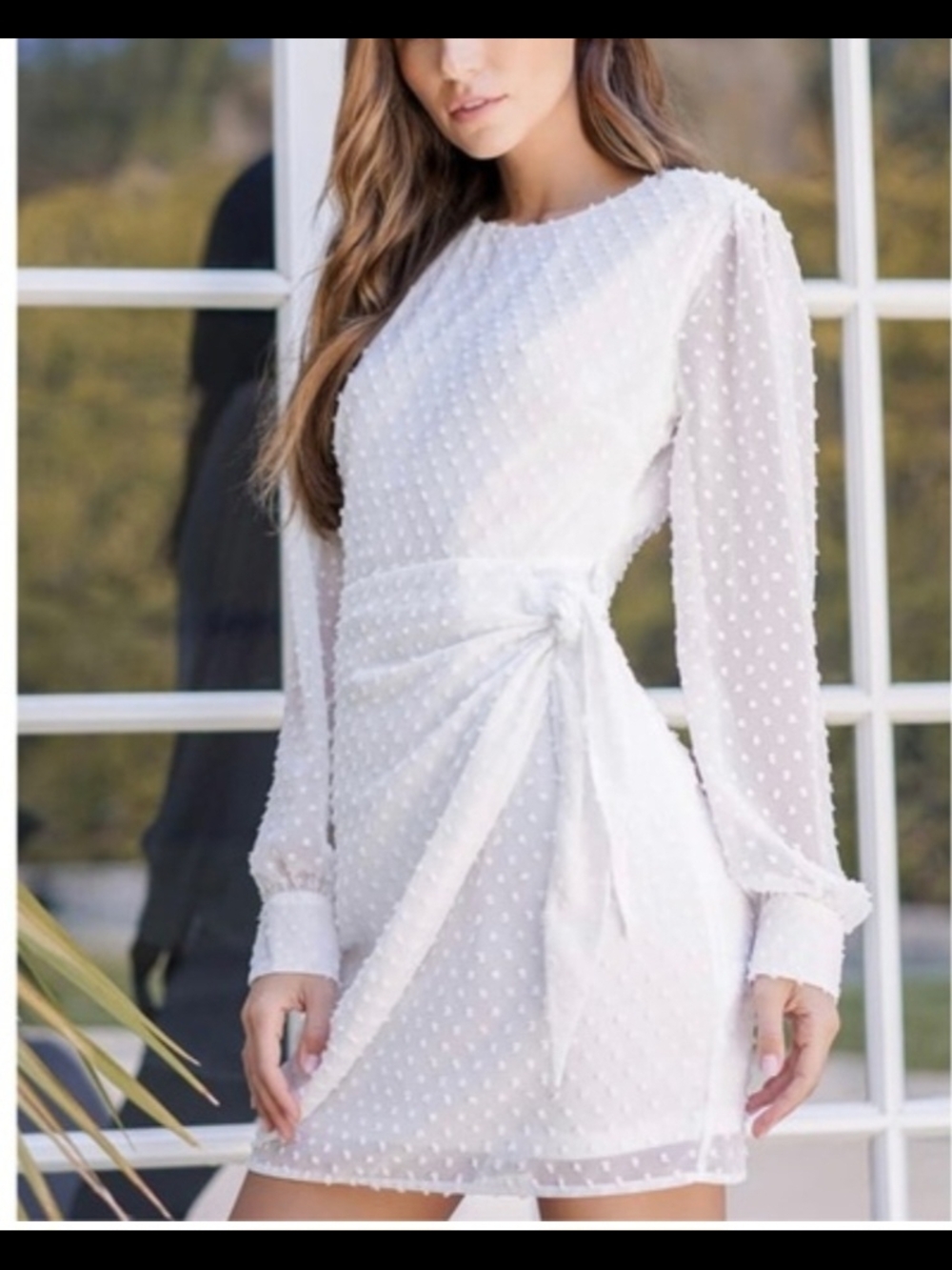 Lulus Much Love White Swiss Dot Long Sleeve Tie-Front Mini Dress,M, NWT

 